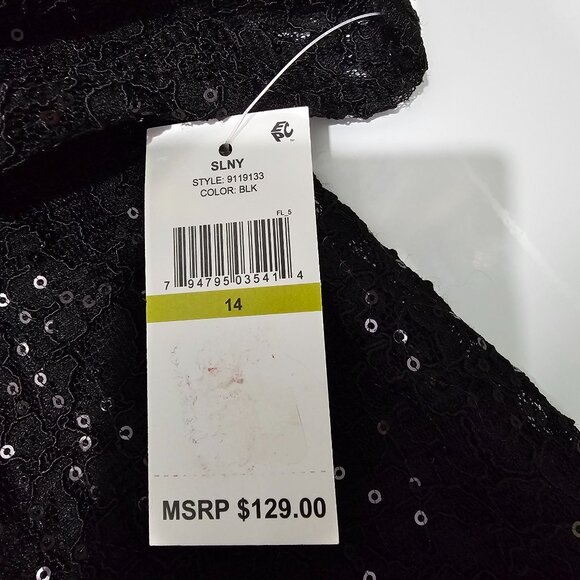 NWT SLNY Black Sequin Lace Party Dress 14 With 3/4 Sleeves & A-Line Silhouette - Picture 14 of 14